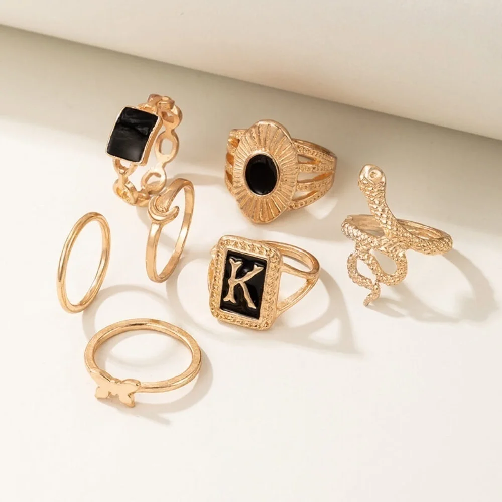 *EZLYNN* 7-Pc Gold x Black Snake Unique Fashion Ring Set